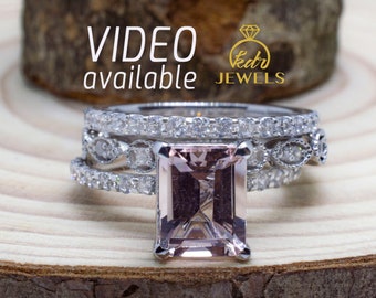 Emerald Cut Morganite Engagement Ring Set of Three, Delicate Morganite Ring set, Morganite Rose Gold Ring Set, Art Deco Ring Set, 14K Gold