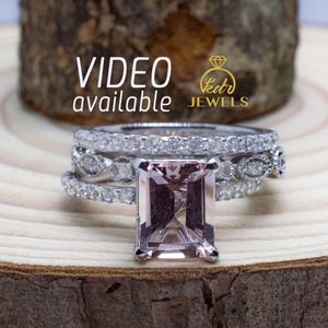 Emerald Cut Morganite Engagement Ring Set of Three, Delicate Morganite Ring set, Morganite Rose Gold Ring Set, Art Deco Ring Set, 14K Gold