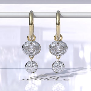 Georgian Cut Down Button Back Setting Oval Moissanite with Round Moissanite Hoop Earrings Gypset, Drop Earrings, Victorian Style Vintage