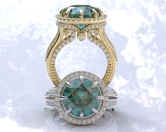 3.6ct Cyan Blue Old European Cut Halo Moissanite Engagement Ring, OEC Moissanite Ring, Art Deco Ring, Moissanite Wedding Ring, Antique Ring