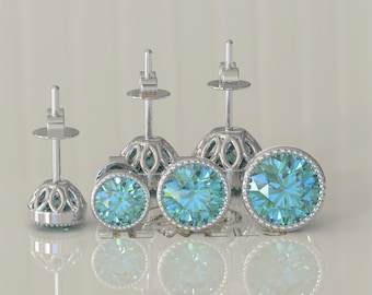 Bezel Setting Cyan Blue Moissanite Stud Earrings, Wedding Earrings, Earrings for Women, Screw Back/Push Back Earrings, Earrings For Gift