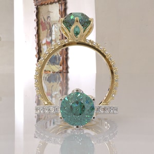 Antique Cyan Blue Portuguese Cut Colorless Moissanite Ring, Engagement Ring, Solitaire Wedding Ring, Cathedral Ring Anniversary Gift for Her