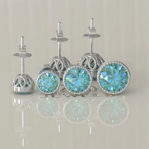 Bezel Setting Cyan Blue Moissanite Stud Earrings, Wedding Earrings, Earrings for Women, Screw Back/Push Back Earrings, Earrings For Gift