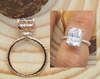 2.5ct Radiant Moissanite Engagement Ring, Hidden Halo Moissanite Ring, Under Halo Moissanite Ring, Moissanite Wedding Ring,Halo Diamond Ring