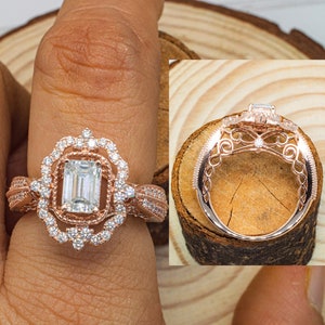 1.5ct Emerald Cut Halo Style Forever One Moissanite Engagement Ring with 1.20ct of Diamonds on Side, Classic Traditional Bridal Wedding