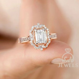 1.5ct Emerald Cut Halo Style Forever One Moissanite Engagement Ring with 0.63ct of Diamonds on Side, Classic Traditional Bridal Wedding