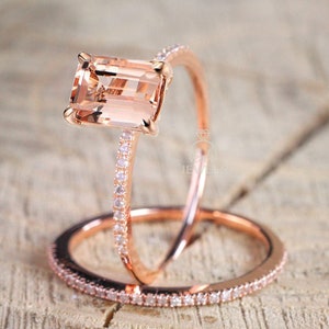 繊細なソリティアモルガナイトの婚約指輪セット、結婚指輪セット、14Kローズゴールド、ホワイトゴールド、イエローゴールド、モルガナイトリングセット、彼女へのギフト