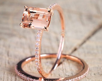 Delicate Solitaire Morganite Engagement Ring Set, Wedding Ring set, 14K Rose Gold, White Gold, Yellow Gold, Morganite Ring Set, Gift For Her