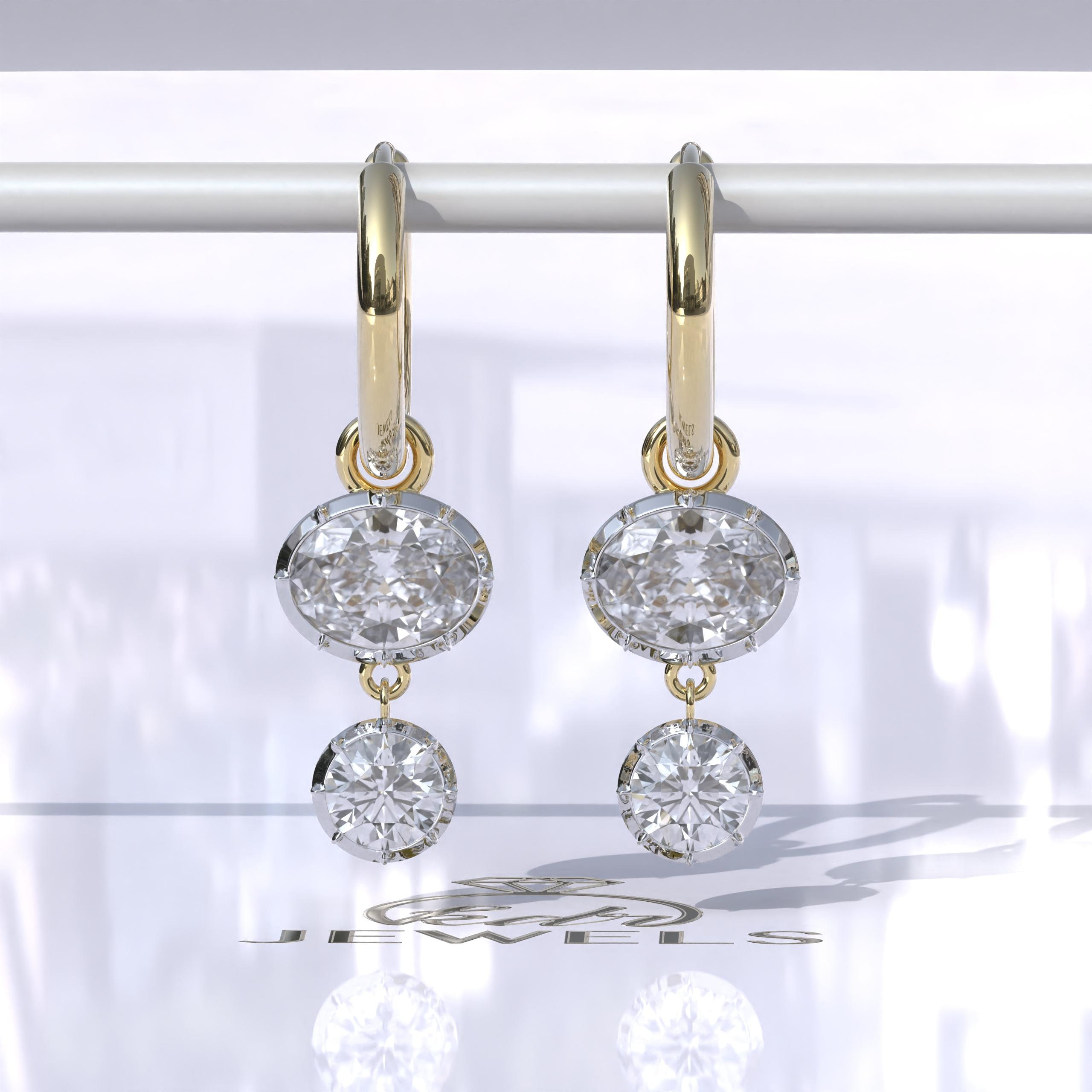 Georgian Cut Down Button Back Setting Oval Moissanite with Round Moissanite Hoop Earrings Gypset, Drop Earrings, Victorian Style Vintage