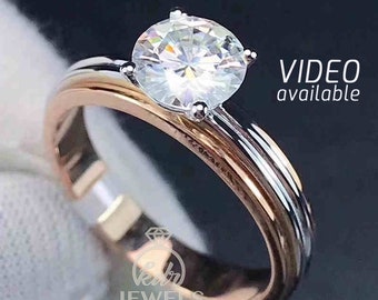 Forever One Moissanite Engagement Ring DEF VVS1 Classic Style Solitaire Dual Tone Wedding Ring 14K Solid Gold KDR Jewels