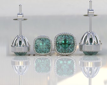 Milgrain Bezel-infattning Cyanblå Old Mine Cut Moissanite örhängen, Örhängen Present till Bröllop, Örhängen för Kvinnor, Skruvlås/Tryckslås