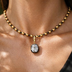 4.0ct Collet Set Georgian Style Cut Down Button Back Elongated Cushion Cut Moissanite Pendant, Blackened Gold Pendant, Ball n Chain Necklace