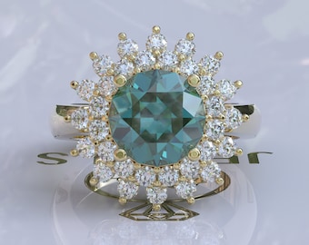 2.6ct Double Halo Old European Cut Cyan Blue Moissanite Ring, OEC Moissanite Engagement Ring Floral Moissanite Ring, Moissanite Wedding Ring