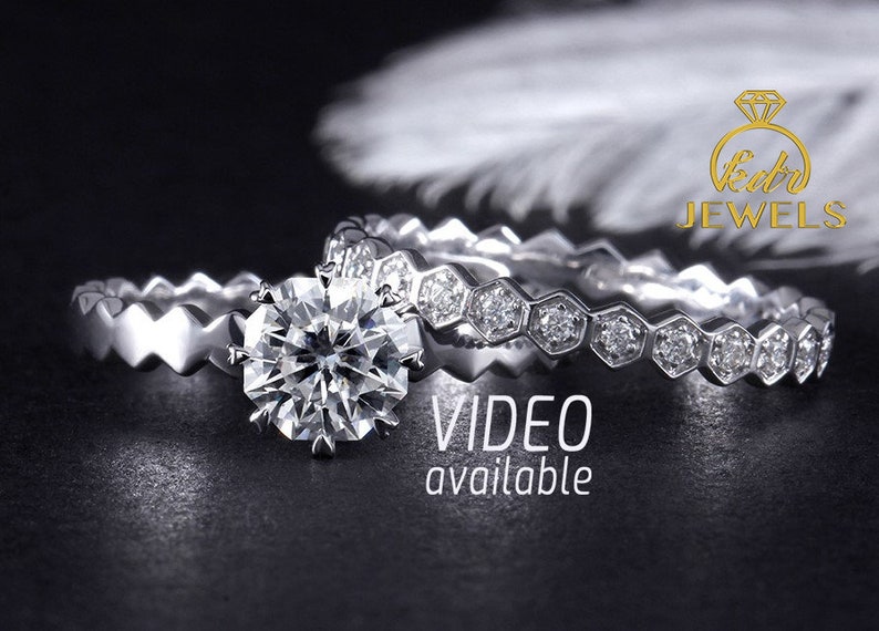 Forever One Moissanite Engagement Ring Set Octagonal Cut D-E-F with 0.26ct of Natural Diamond Matching Band 14K Solid Gold Wedding Ring Set