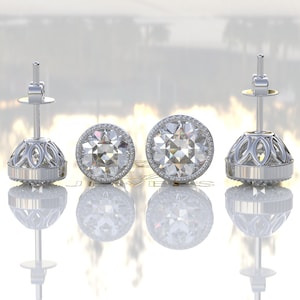 Round 2.0ct OEC Colorless Moissanite Stud Earrings, Wedding Earrings, 10K/14K White Gold Earrings, Antique OEC Earrings, Old European Cut