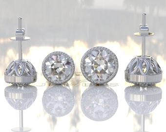 Brincos de pino redondos de moissanita incolor OEC de 2,0 ct, brincos de casamento, brincos de ouro branco 10K/14K, brincos OEC antigos, corte europeu antigo