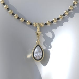 3.0ct Collet Set Georgian Cut Down Button Back Pear Moissanite Pendant, Blackened Gold, Detachable Clasp Pendant, Ball n Chain Necklace
