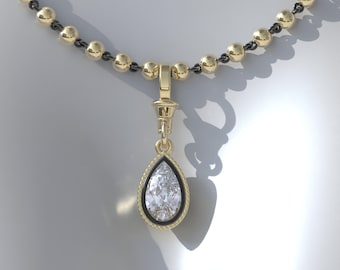 3.0ct Collet Set Georgian Cut Down Button Back Pear Moissanite Pendant, Blackened Gold, Detachable Clasp Pendant, Ball n Chain Necklace
