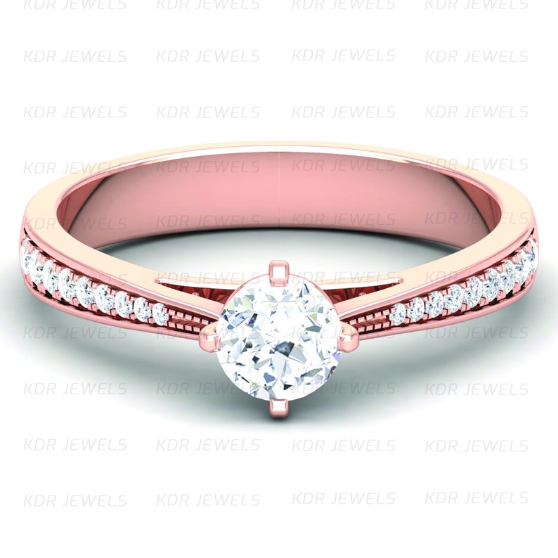 Forever One Moissannite Engagement Ring Set with 0.17ct Natural Diamond on Side and 0.13ct Natural Diamonds Matching Band Wedding Ring Set