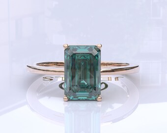 3.0ct シアンブルー ソリティア エメラルドカット モアッサナイト