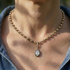 2.5ct Collet Set Georgian Style Cut Down Button Back Oval Cut Moissanite Necklace, Edwardian Ball n Chain Necklace with Blackened Gold Links