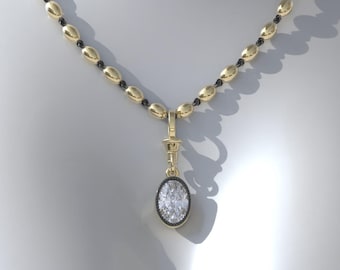 2.5ct Collet Set Georgian Style Cut Down Button Back Oval Cut Moissanite Necklace, Edwardian Ball n Chain Necklace with Blackened Gold Links