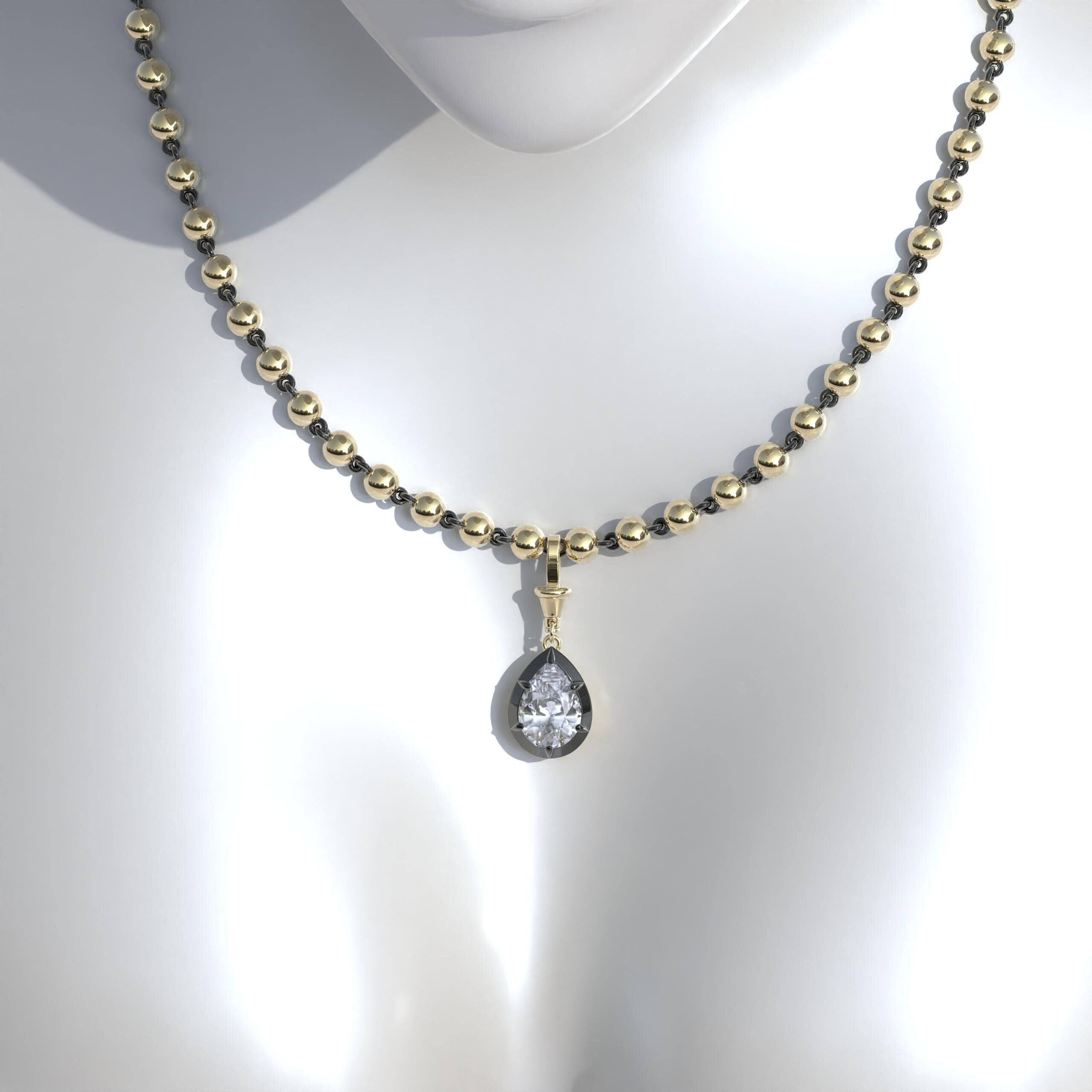 3.0ct Collet Set Georgian Cut Down Button Back Pear Moissanite Pendant, Blackened Gold, Detachable Clasp Pendant, Ball n Chain Necklace