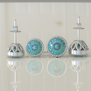 Bezel Setting Portuguese Cut Cyan Blue Moissanite Stud Earrings, Earrings Gift for Wedding, Earrings for Women, Screw Back/Push Back Earring