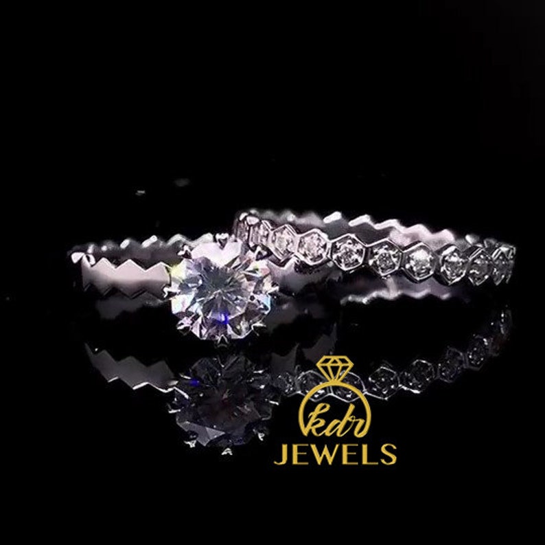 Forever One Moissanite Engagement Ring Set Octagonal Cut D-E-F with 0.26ct of Natural Diamond Matching Band 14K Solid Gold Wedding Ring Set
