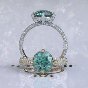 2.0ct Cyan Blue Under Halo Moissanite Engagement Ring, Cyan Blue Moissanite Ring, Moissanite Wedding Ring, Anniversary Gift Ring For Her