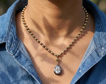 3.0ct Collet Set Georgian Cut Down Button Back Pear Moissanite Pendant, Blackened Gold, Detachable Clasp Pendant, Ball n Chain Necklace
