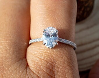 1ct Oval Under Halo Moissanite Engagement Ring, Oval Hidden Halo Moissanite Engagement Ring, Colorless Oval Moissanite, Gold Ring, Silver