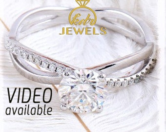 Forever One Moissanite Engagement Ring 1.0ct D-E-F with 0.22ct Natural Diamonds on Twisted Shank, 14K Solid Gold Wedding Ring, Promise Ring