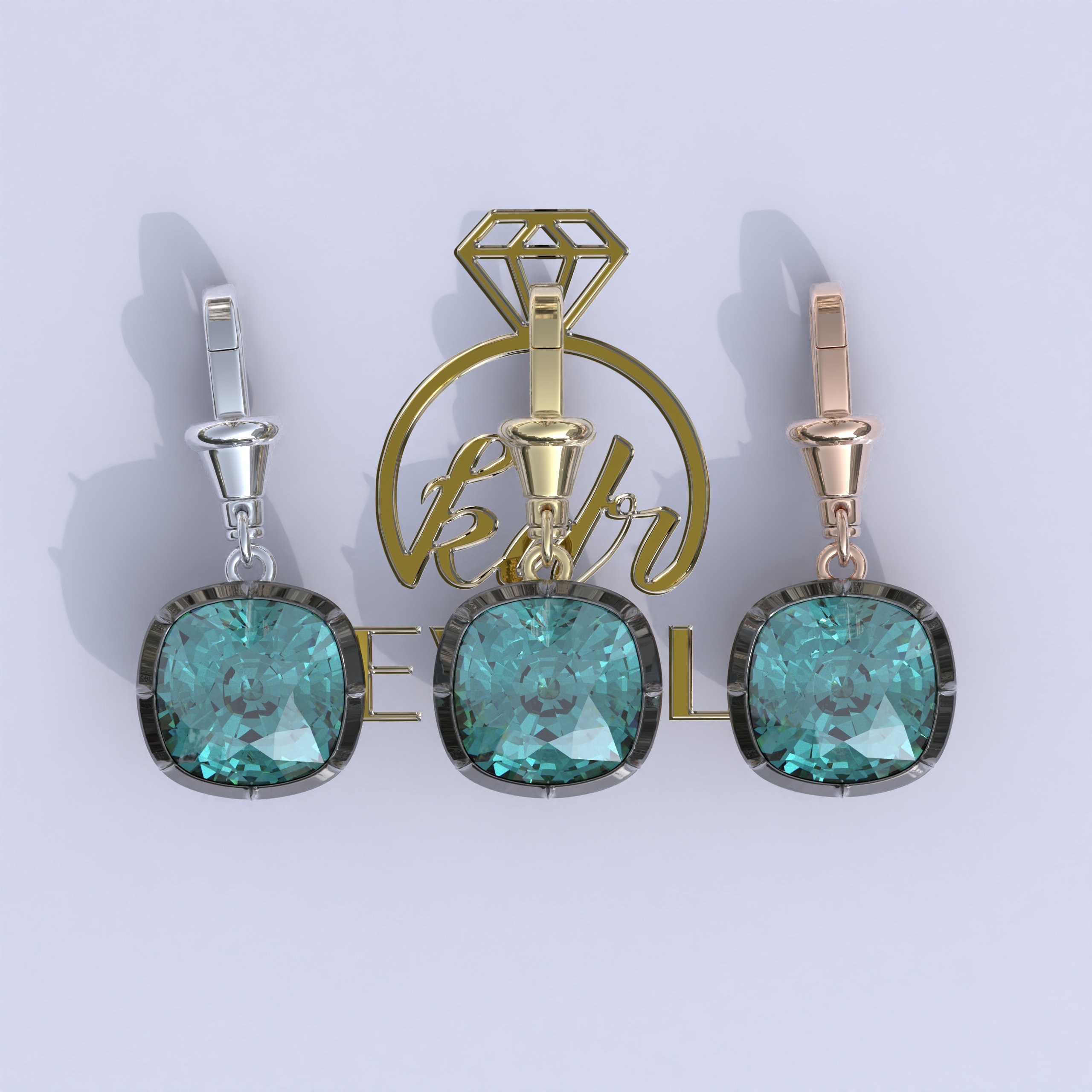3.0ct Collet Set Georgian Cut Down Button Back Cushion Cut Cyan Blue Moissannite Pendant, Blackened Gold Pendant Cushion Moissanite Necklace