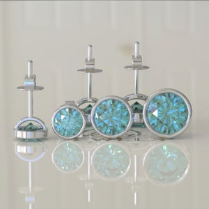 Bezel Setting Cyan Blue Moissanite Stud Earrings, Wedding Earrings, Earrings for Women, Screw Back/Push Back Earrings, Earrings For Gift