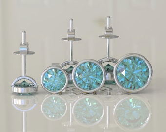 Bezel Setting Cyan Blue Moissanite Stud Earrings, Wedding Earrings, Earrings for Women, Screw Back/Push Back Earrings, Earrings For Gift