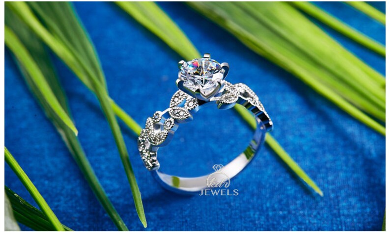 Charles /& Colvard Forever One Moissanite Engagement Ring Leaf Style on Accent with 0.34ct Natural Diamonds 14K Gold Wedding Ring Art Deco