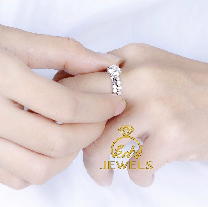 Forever One Moissanite Engagement Ring Set Octagonal Cut D-E-F with 0.26ct of Natural Diamond Matching Band 14K Solid Gold Wedding Ring Set