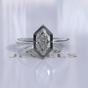 Georgian Cut Down Button Back Dutch Marquise Cut Moissanite Engagement Ring, Solitaire Ring, Blackened Gold Ring, Moissanite Wedding Ring