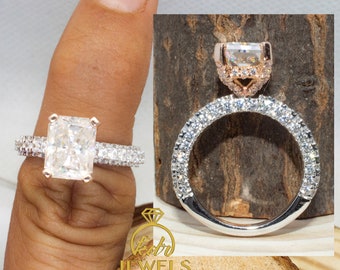 Dual Tone 3.0ct Radiant Cut Forever One Moissanite Engagement Ring, Hidden Halo Engagement Ring, 14K Gold Ring, Halo Moissanite Wedding Ring