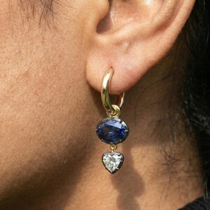 Georgian Cut Down Button Back Setting Oval Blue Sapphire with Heart Shape Moissanite Hoop Earrings, Blackened Gold Earrings, Drop Earrings