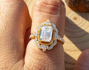 Anillo de compromiso de moissanita de halo de talla esmeralda de 2,5 ct, anillo de boda de moissanita de halo, anillo vintage, anillo antiguo, anillo de promesa, regalo para ella