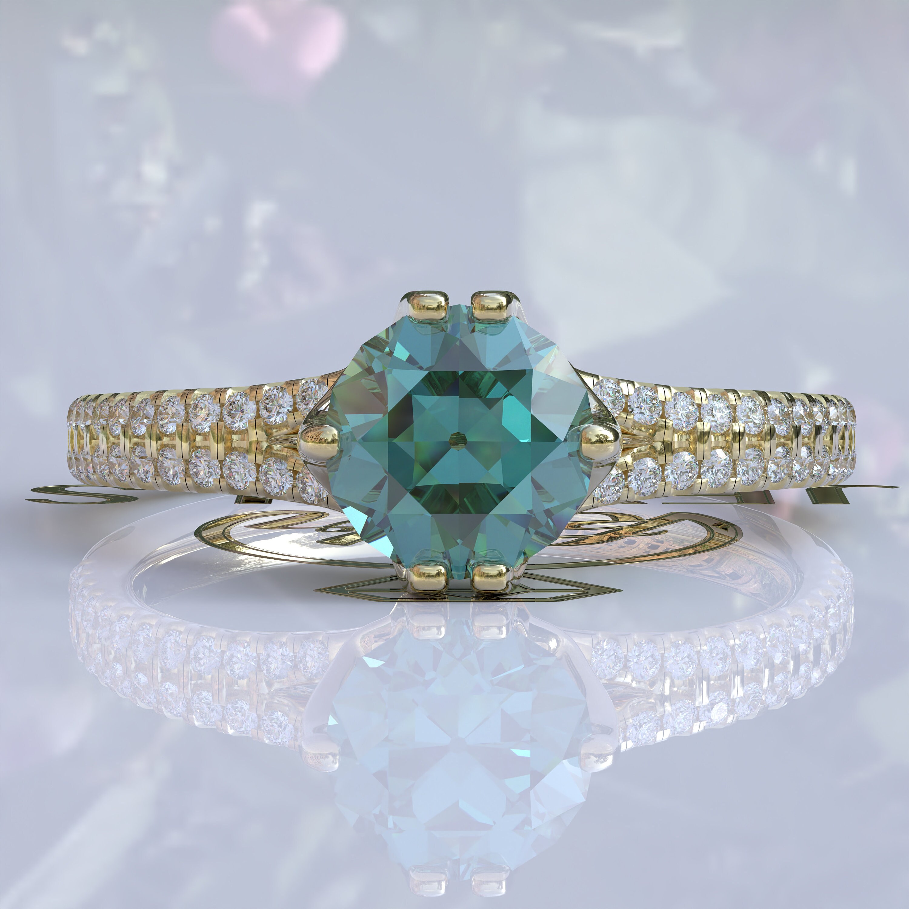 Solitaire Old European Cut Cyan Blue Moissanite Ring, OEC Blue Moissanite Engagement Ring, Cathedral Ring, Anniversary Gift, Graduation Gift