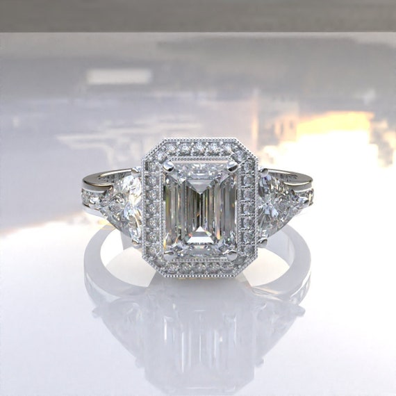 3 ストーン GIA 認定エメラルド カット ハロー ダイヤモンド リング