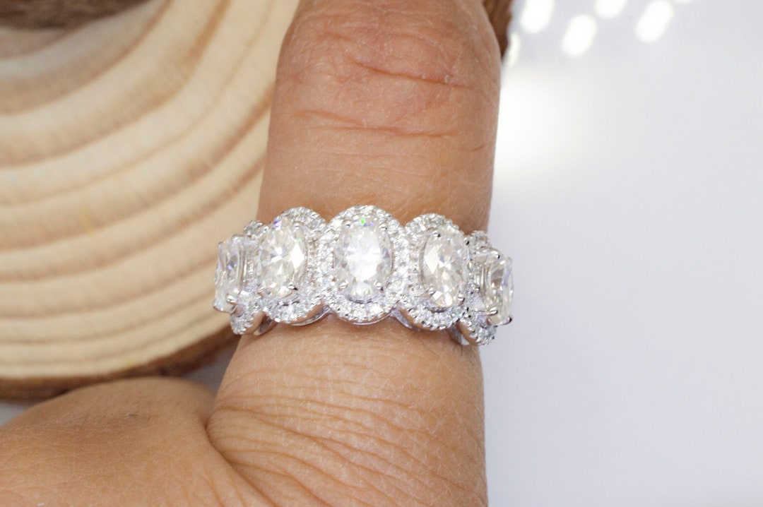 5 Stone Moissanite Wedding Band, 2.5ct Oval Moissanite Band, 14K Gold