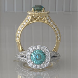 Cyan Blue Portuguese Cut Halo Moissanite Engagement Ring, Moissanite Wedding Ring, Gold Moissanite Ring, Silver Moissanite Ring