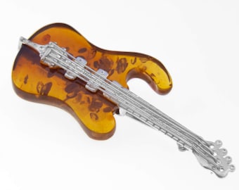 Sterling Silver Amber Guitar Brooch