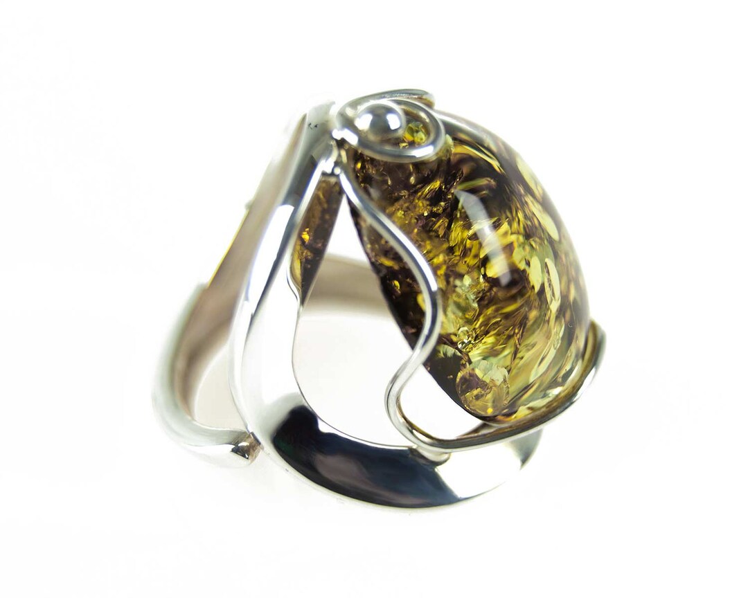 Green Amber Ring, Handmade Silver Amber Statement Ring, Unique Gemstone