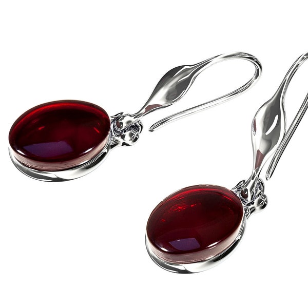 Orecchini pendenti in argento sterling con ambra rossa ciliegia, minimalista, leggero, set di gioielli in ambra naturale delicata e moderna