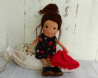 Handmade Waldorf Doll, "Candy", Miniature Wool Doll